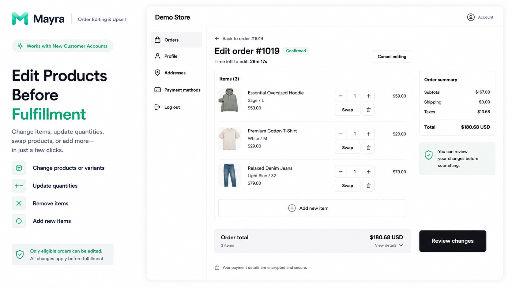 A customer editing items, quantities, and variants on their order inside a Shopify customer account with Mayra