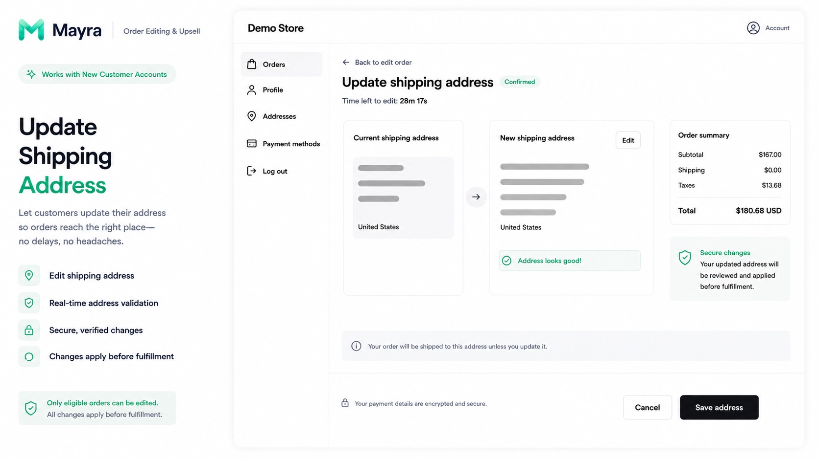 A customer updating their shipping address with real-time validation inside a Shopify customer account with Mayra
